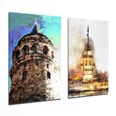 Galata Tower and Maiden's Tower 2 Pieces Combine Glass Wall Art | Insigne Art Design.